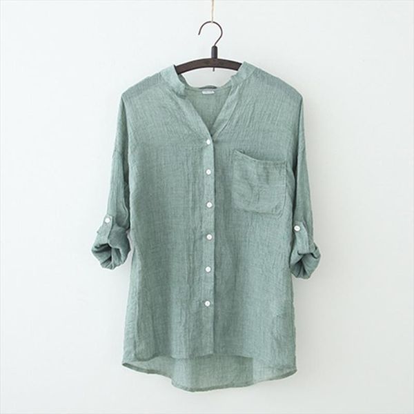 

cotton linen shirt women blouse summer long sleeve solid white shirts slim female casual ladies