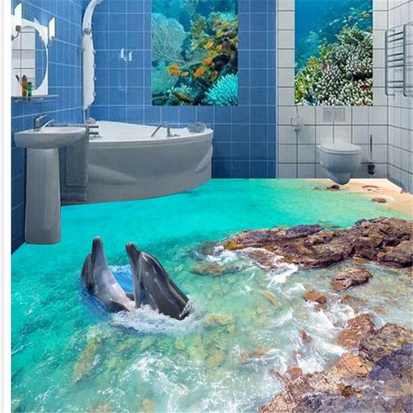 Decor Carta da parati 3D Carta da parati su misura 3D stereo Stereo World World Dolphin Wallpapers Bathroom floor muro