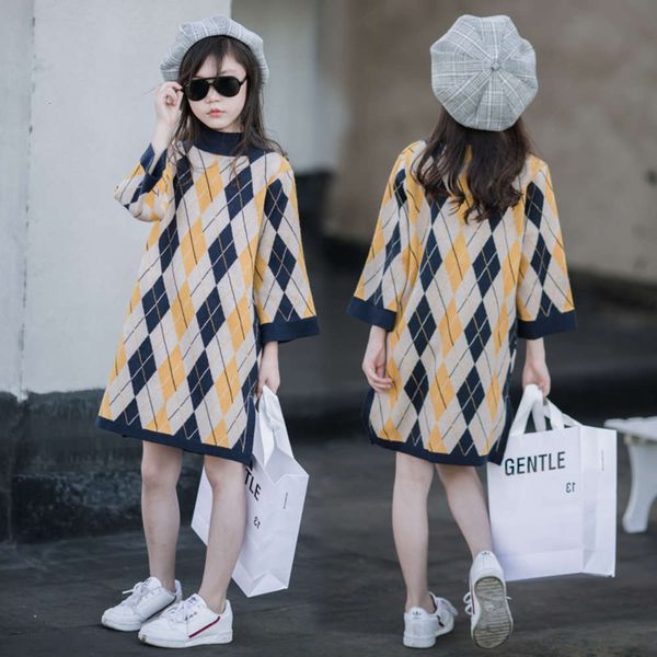 

child children's parent super foreign autumn and winter sweater plaid princs skirt girl's korean drs, Red;yellow