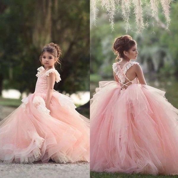 

new pink puffy flower girl dresses for wedding layered tulle lace appliques kids pageant party birthday gown for girls, White;blue