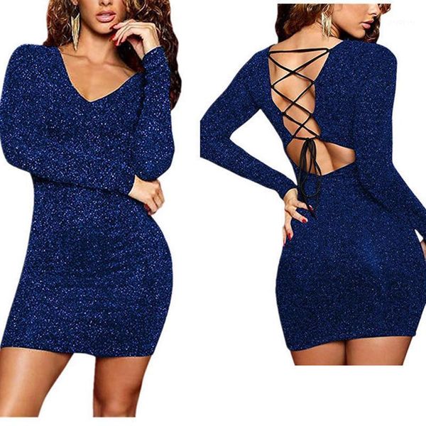 

2021 new nightclub women's halter v-neck bandage dresses long sleeve crystal color women's slim party elegant dresses1, Gray