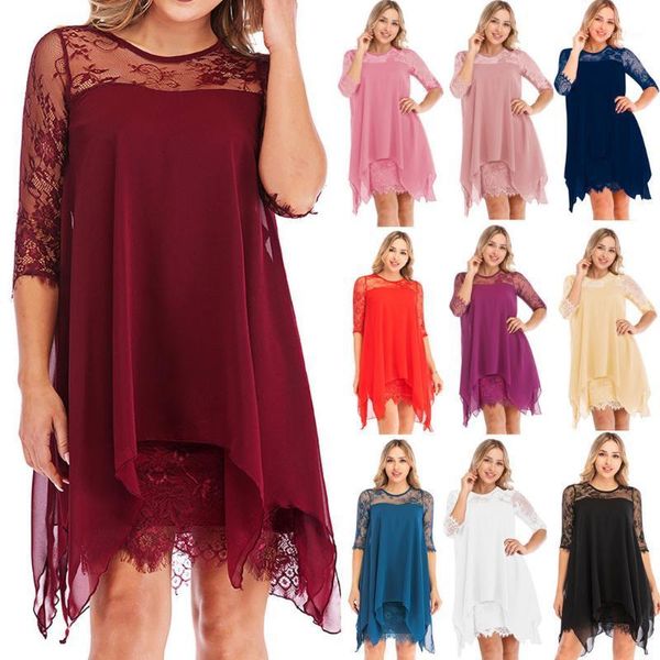 

home&nest womens plus size fashion chiffon overlay three quarter sleeve lace knee-length dress o-neck party dress new1, Black;gray