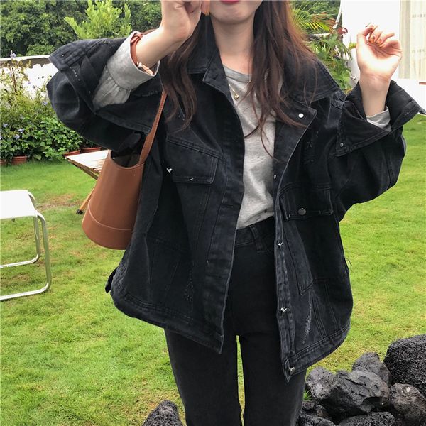 

korean loose casual medium length denim jacket, Black;brown