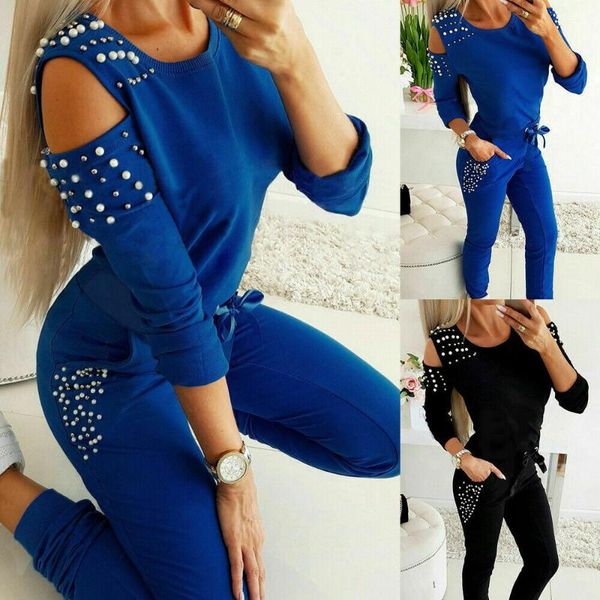 

women's tracksuits fashion women 2pcs tracksuit open shoulder beading sports pants sets suit black blue, Gray