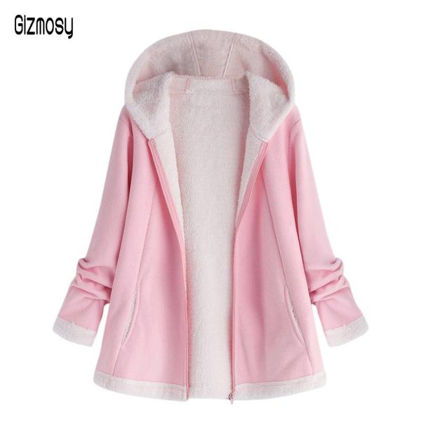

2021 autumn winter new women long sleeve hooded jacket female solid plush coat fashion pocket zipper outwear plus size ca6590, Black