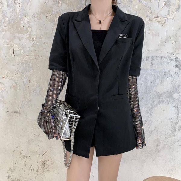 

shtonghua autumn solid blazer for women long sleeve diamond patchwork long elegant coat female fashion clothing 2020 new1, White;black