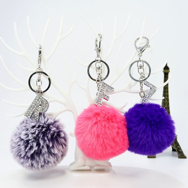 

ball pink rabbit fur multi keychain bag color plush letters set with diamonds car key chain rings for women 2020 new fas, Silver