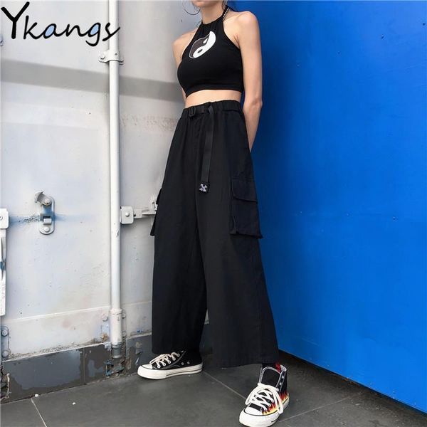 

korean black cargo pants joggers women elastic high waist pants harajuku streetwear casual baggy wide leg trousers female, Black;white