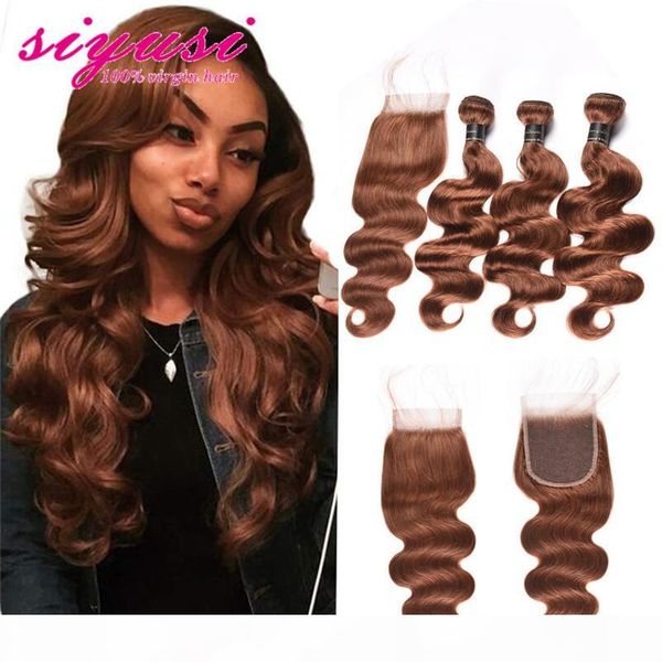

brazilian virgin hair body wave with closure 100% unprocessed human hair bundles with lace closure #30 light auburn brown 9a brazilian hair, Black;brown