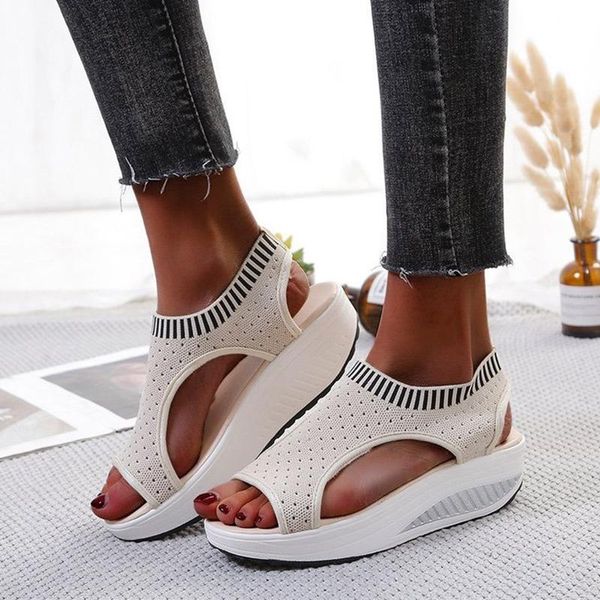 

mcckle women sandals wedges slip on knitting ladies peep toe casaul summer shoes female pltaform fashion comfort sandalias, Black