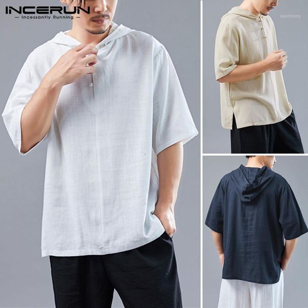 

men's t-shirts incerun casual hooded t shirt men solid color cotton half sleeve chinese style vintage loose pullovers1, White;black