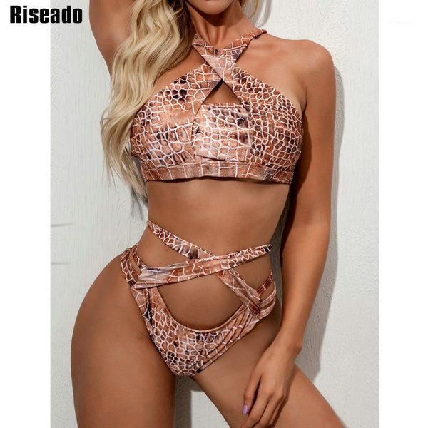 

riseado snake print bikinis set halter swimsuit cross bandage swimwear women high waist bathing suit 2020 summer biquini1, White;black