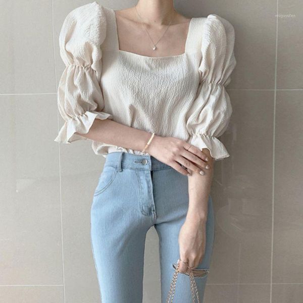

vintage puff sleeve blouse square neck women shirts slim women blouse1, White