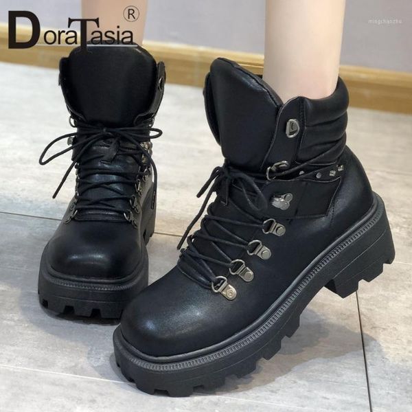 

boots doratasia arrival brand platform lace-up cool street women med chunky heels ankle shoes woman1, Black