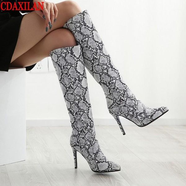 

cdaxilan new arrived women's knee-high boots printed leather high-heels pointed toe set feet long boots autumn witer warm shoes1, Black