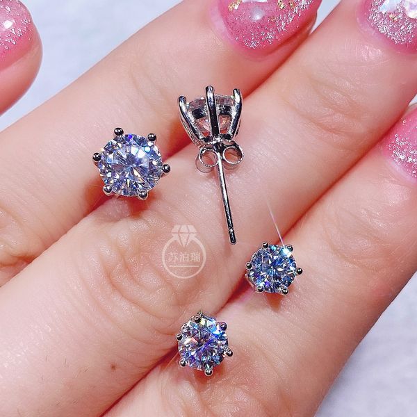 

real moissanite earring df vvs1 simple 6 prong round stud earrings 0.5ct 1.0ct 18k white gold plated 925 silver fashion design