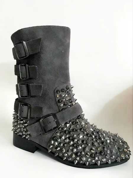 

metal women of rivet with studded toe round foot ankle buckle suede leather slide boots women's shoes i1nf, Black
