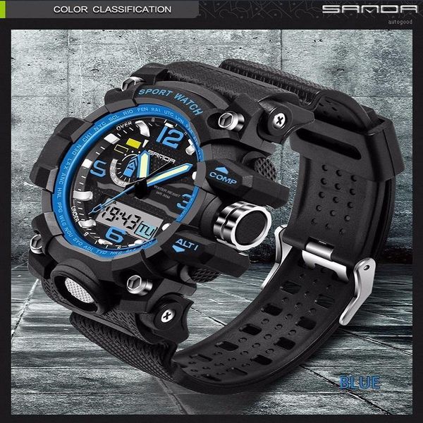 

wristwatches 2021 product recommended sanda 715 brand outdoor sports fashion digital quartz double display men's watch1, Slivery;brown