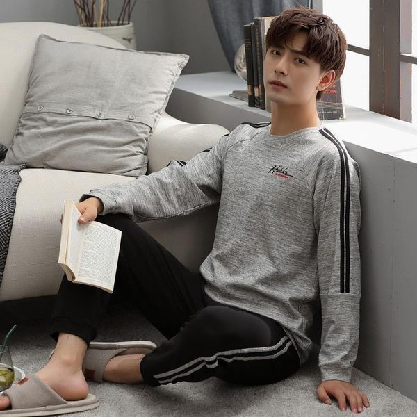 

men's sleepwear pajamas set autumn winter pure cotton long sleeve trousers round neck pullover plus size youth casual letter wear, Black;brown