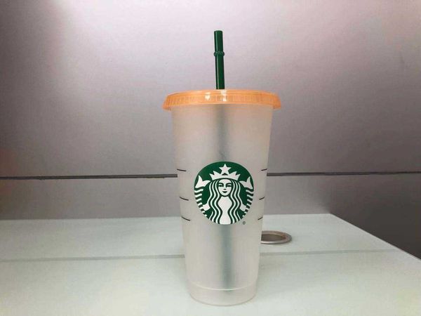 

starbucks 24oz / 710ml water tumbler cylindrical straw cup reusable plastic environmental protection cold drink mug set uv printing never5m6