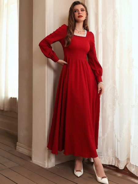 

pearl frill trim bishop sleeve plisse dress q4or#, Black;gray