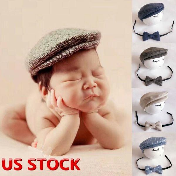 

2021 newborn baby peaked beanie cap hat + bow tie p pgraphy prop outfit set baby hats caps with neck tie, Slivery;white