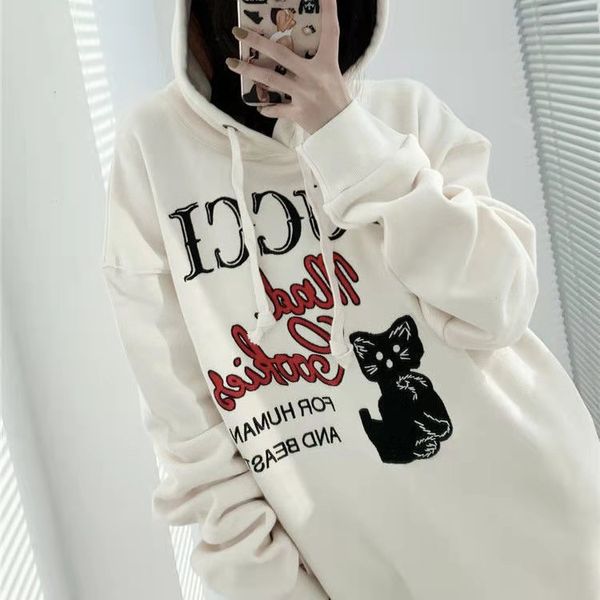 

new autumn and winter cat embroidered letter print hoodie, loose men's and women's casual hoodie coat,37, Black