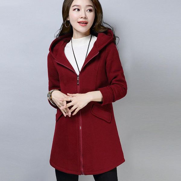 

fleece thickened hooded jacket 2020 autumn winter women mid-length warm casual zipper coat loose female hooded outwear, Black