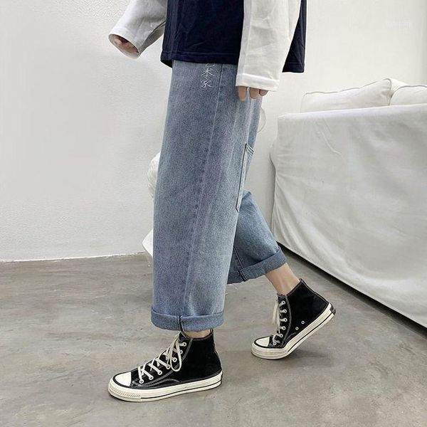

chinese print pants women streetwear straight jean female summer cotton cargo pants streetwear loose harajuku oversized jeans1, Blue