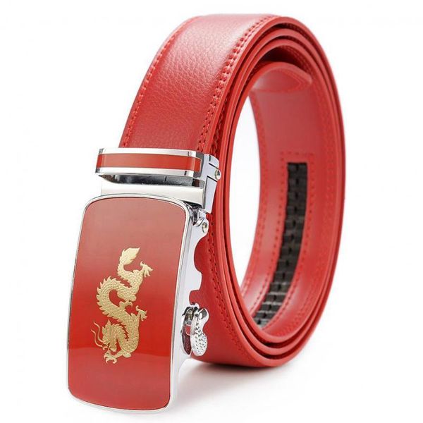 

new chinese red men's belt leather personality automatic buckle youth men's wedding holiday gift gift belt 95-130cm, Black;brown