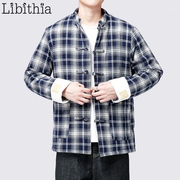 

men's plaid 100% cotton jackets loose thick coats winter warm chinese style m-3xl clothing male black blue a1241