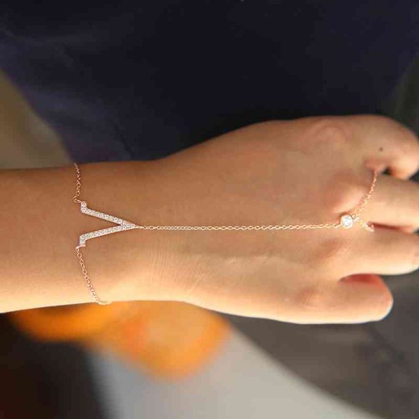 

2022 african beads fashion jewelry finger hand adjustable slave chain bracelet real 925 silver link v connected aaa cz for women, Golden;silver