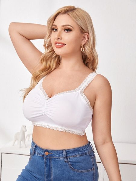 

plus ruched contrast lace bra w9sk#, Black;white