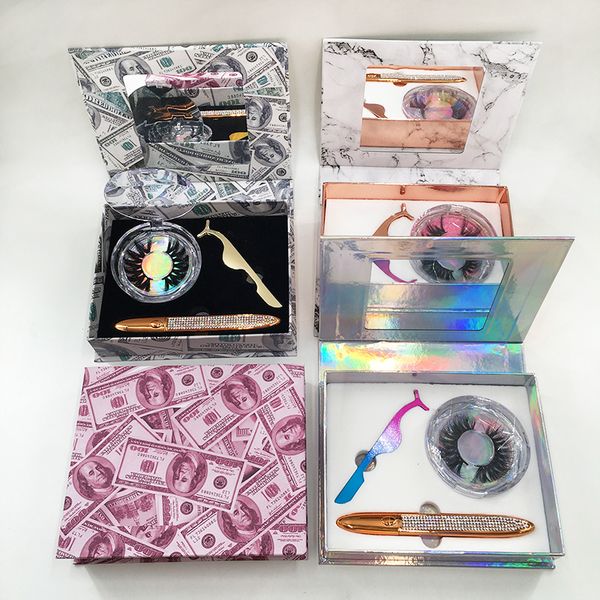 

eyelash packaging book with black eyeliner 25mm 3d full strip mink lashes rose gold applicator tweezers package case