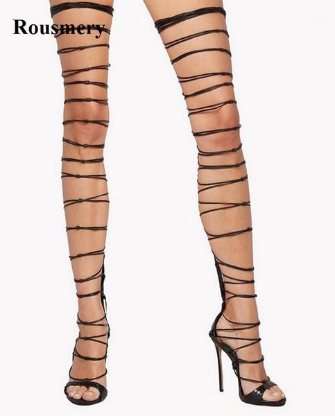 

2020 women fashion straps design lace-up black gladiator boots over knee high heel sandal boots evening shoes1