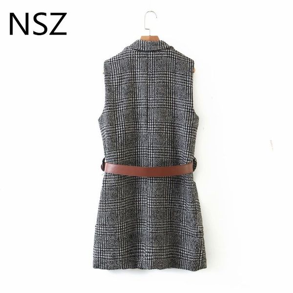 

nsz women houndstooth tweed sleeveless jacket blazer vest plaid wool blend waistcoat belt checked woolen tanks fall winter lj201203, Black;white