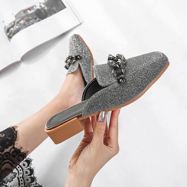 

female summer of luxury black crystal crutches casual slippers square toe slides big size mujer chanclas tdvd