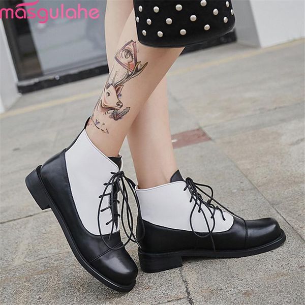 

boots masgulahe 2021 arrival women ankle genuine leather shoes mixed colors punk autumn comfortable casual woman, Black