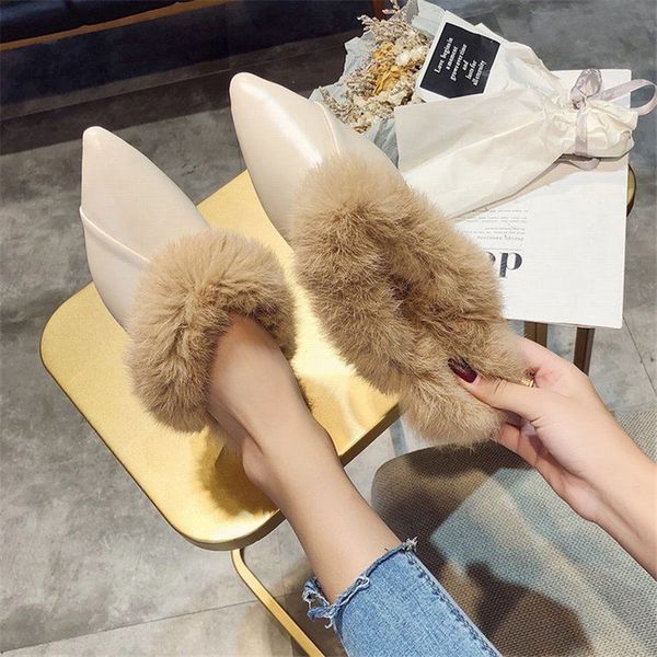 

real animal fur slides slippers women lady natural rabbit mules flip flops female fluffy fur indoor sandals plush shoes mules 201203, Black