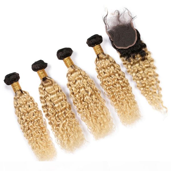 

#1b 613 ombre peruvian wet and wavy virgin hair weaves with closure ombre blonde dark roots hair extensions water wave human hair 4bundles, Black