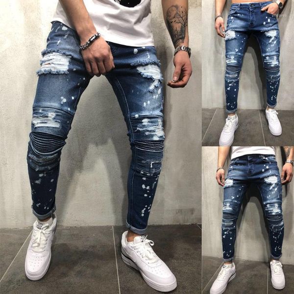 

pants 2019 new brand fashion men ripped skinny pockets casual button destroyed slim fit pants trousers1, Black