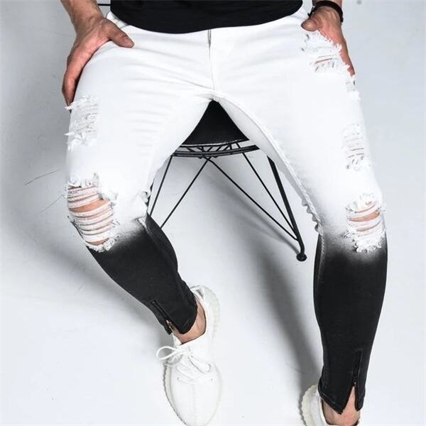 Neue Jeans dünne uomo Männer Farbverlauf schwarz weiß zerrissene Loch Denim Pantalones männliche Knöchel Reißverschluss Bleistift Hose schlanke Hip-Hop-Jeans C1123