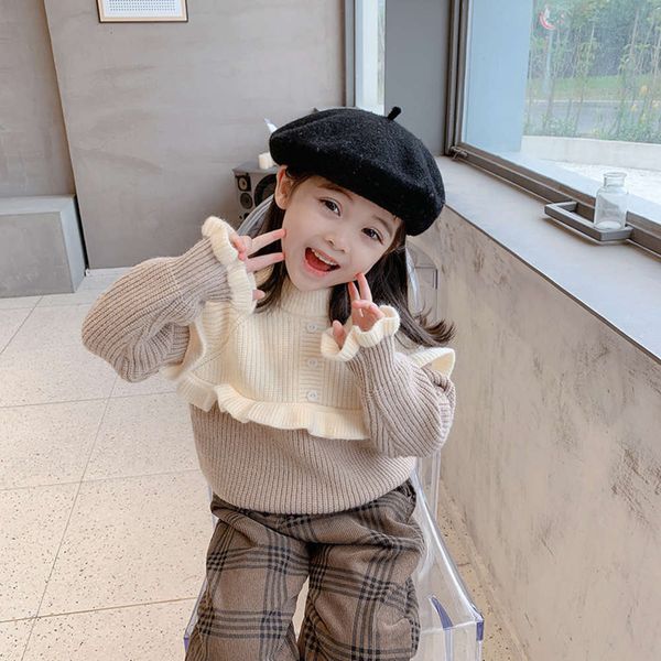 

girls' wtern sle color matching autumn winter 2020 new korean children's wear ruffle little girl's round neck sweater fashion, Blue
