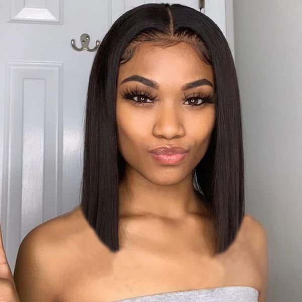 

puromi 4x4/13x4 straight short bob wig lace front human hair wigs brazilian remy hair pre plucked for black women, Black;brown