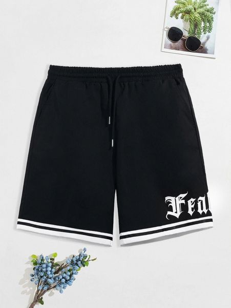 

men random letter graphic striped trim drawstring shorts v9af#, Black