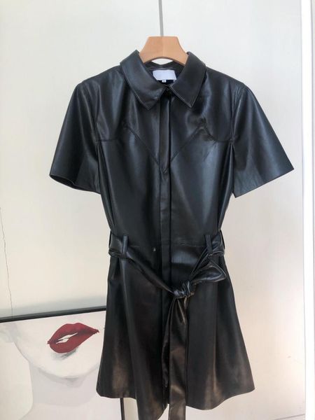 

women faux leather clothing soft artificial leather with belt short sleeve faux jumpsuits1, Black