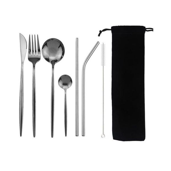 

8pcs/set tableware reusable travel cutlery set camp utensils set with stainless steel spoon fork chopsticks straw porta qylnlr
