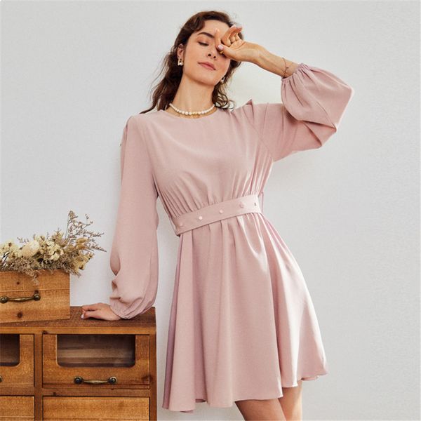 

2021 new casual around the neck solid office lantern sleeve cord a line belt little ladies dress cw29, Black;gray