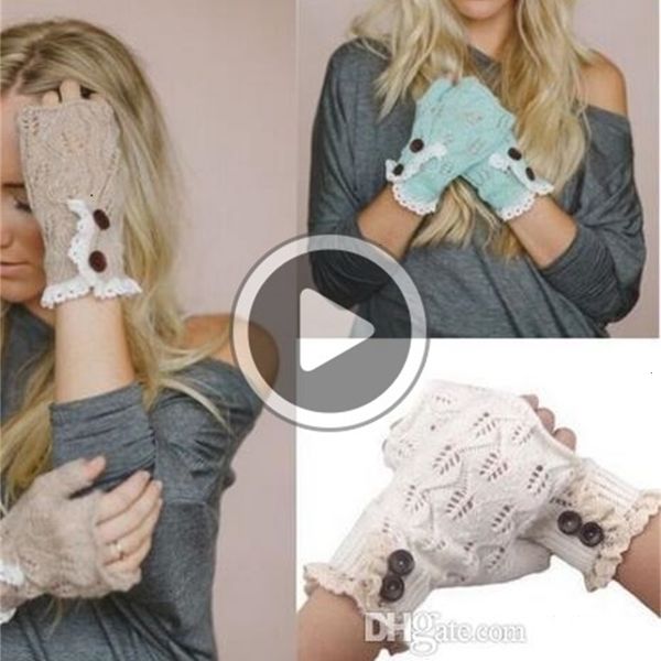 

western style christmas women girls solid la button knitted leaf la fingerless gloves arm warmer to131, Blue;gray