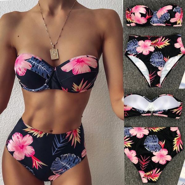 

2020 women two piece off shoulder print push-up padded bra bikini set swimsuit high waist split swimwear1, White;black